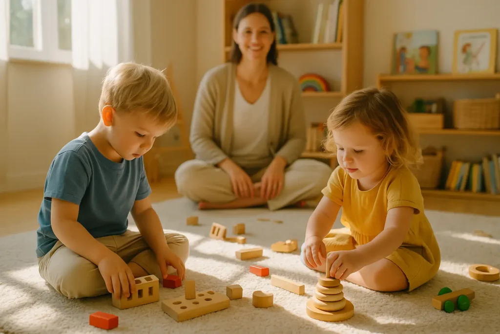 Zwei Kleinkinder spielen zeigen pädagogisches Konzept vom Indoorspielplatz